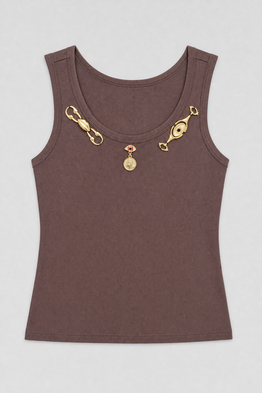 Eye & Coin Charm Tank - Brown - 1