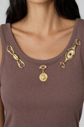 Eye & Coin Charm Tank - Brown - 5