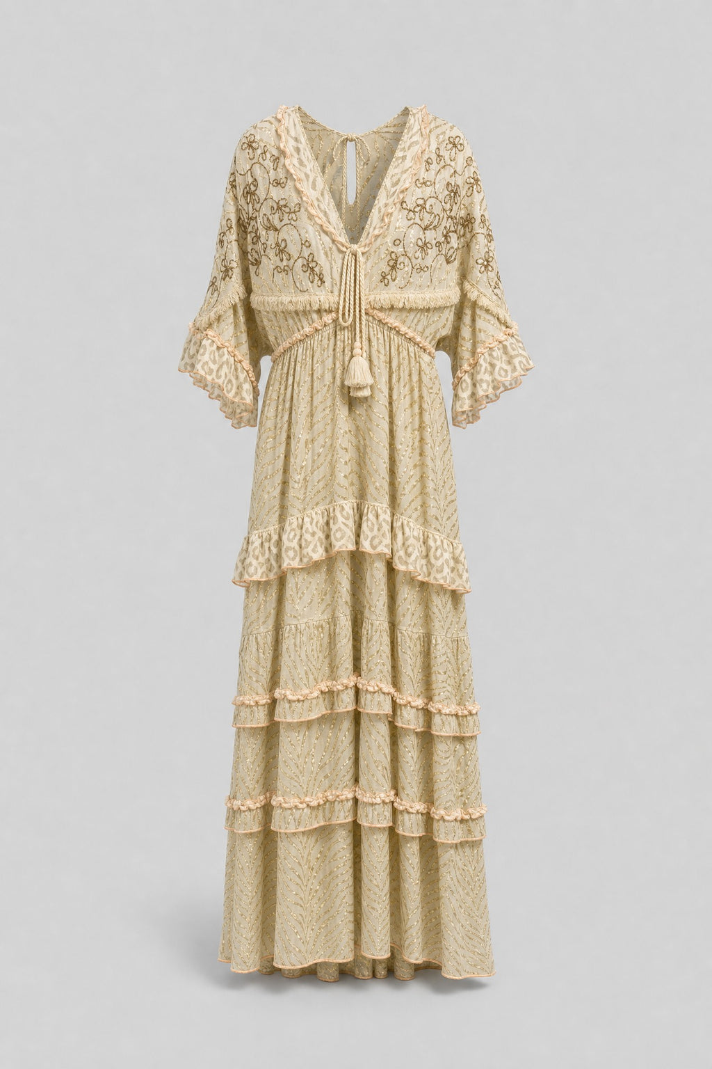 Gold-Stripe Chiffon Ruffle Maxi Dress - 1