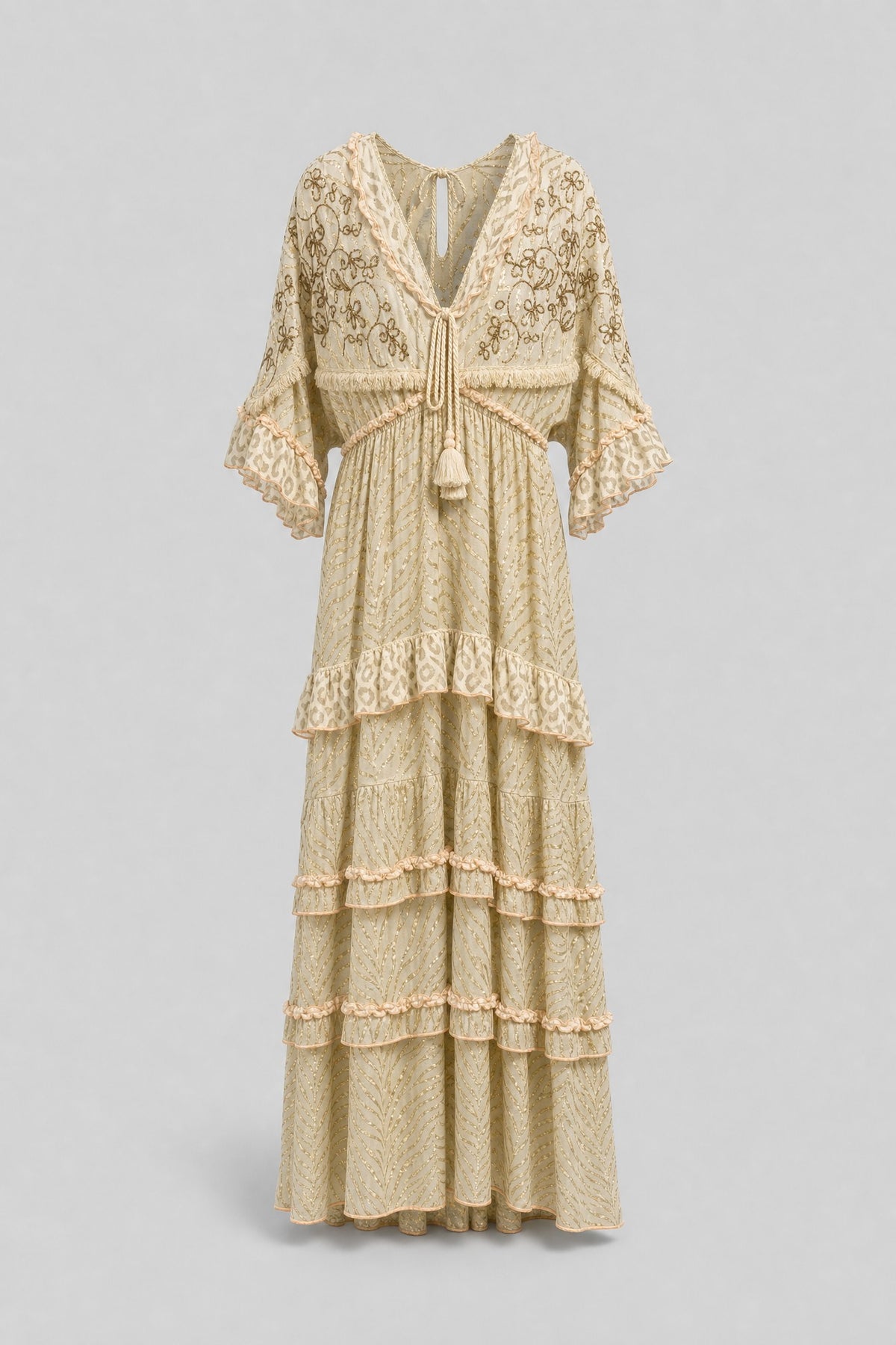 Gold-Stripe Chiffon Ruffle Maxi Dress - 1
