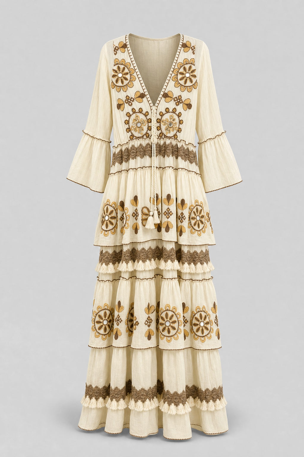 Mirror-Medallion Embroidered Tiered Maxi Dress - 1