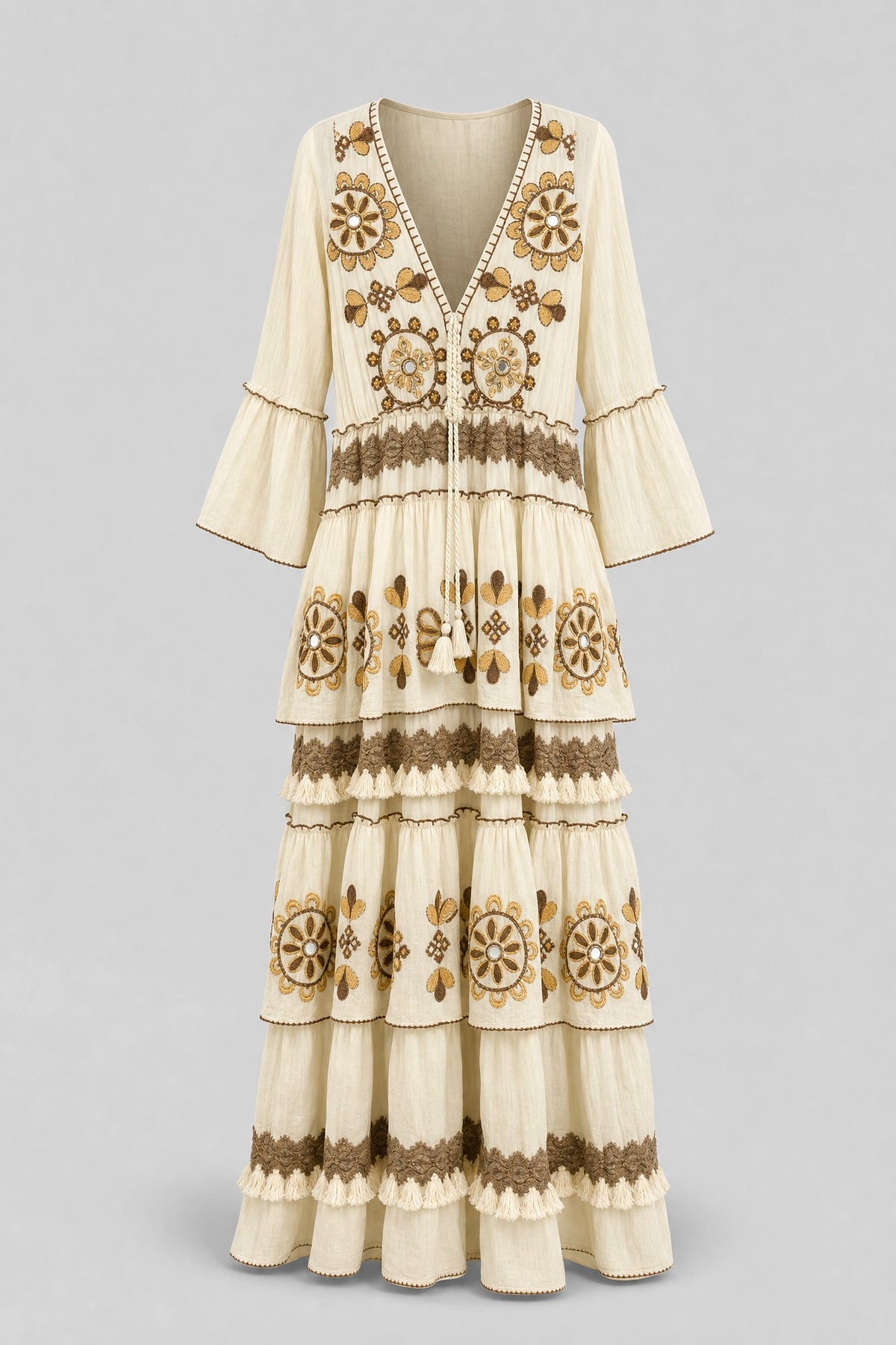 Mirror-Medallion Embroidered Tiered Maxi Dress - 1