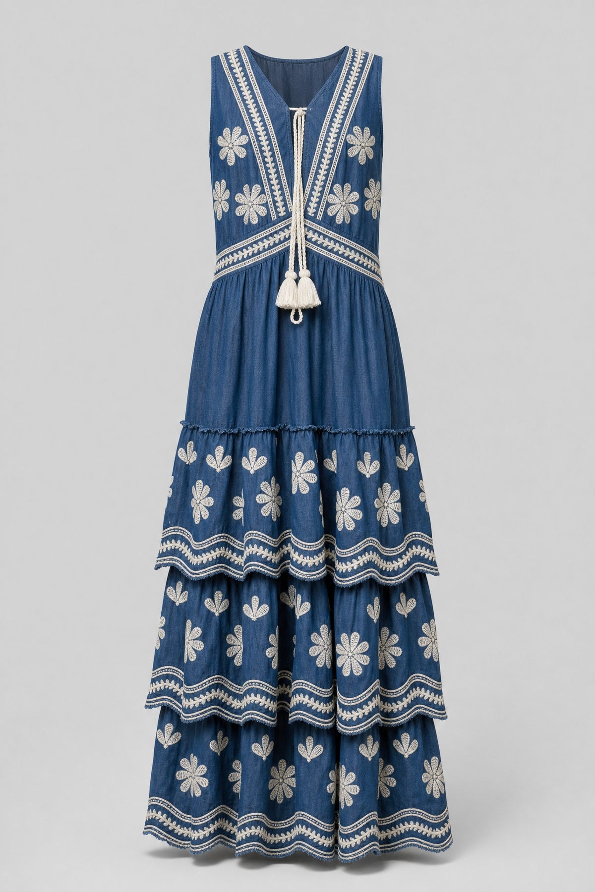 Daisy-Embroidered Chambray Tiered Maxi Dress - 1