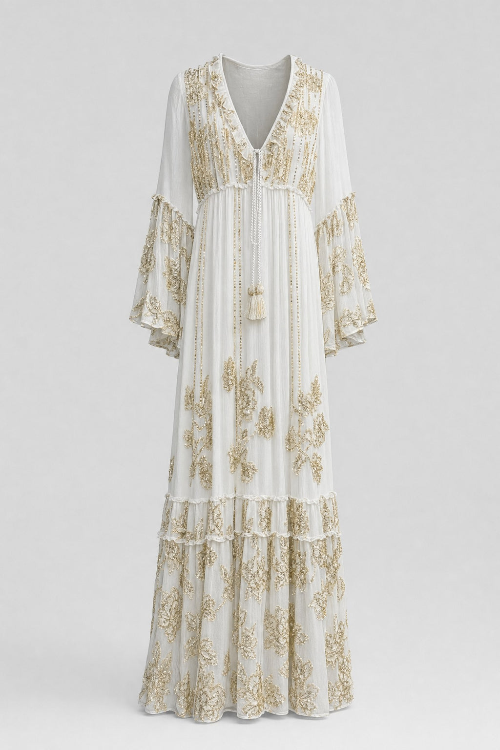 Gold-Sequin Chiffon Tiered Maxi Dress - 1