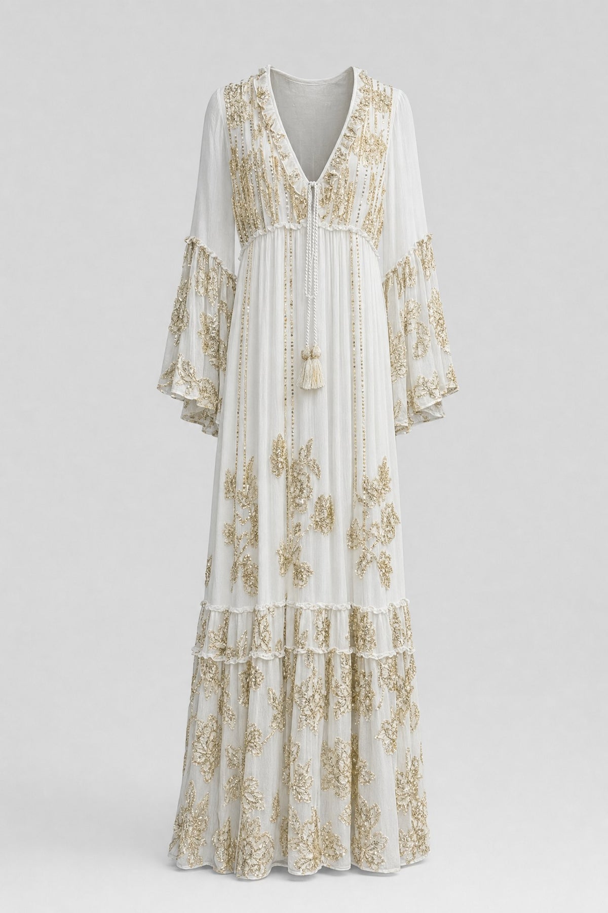 Gold-Sequin Chiffon Tiered Maxi Dress - 1
