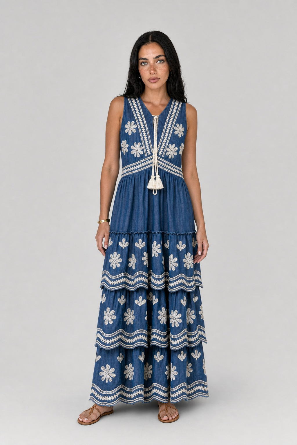 Daisy-Embroidered Chambray Tiered Maxi Dress - 2