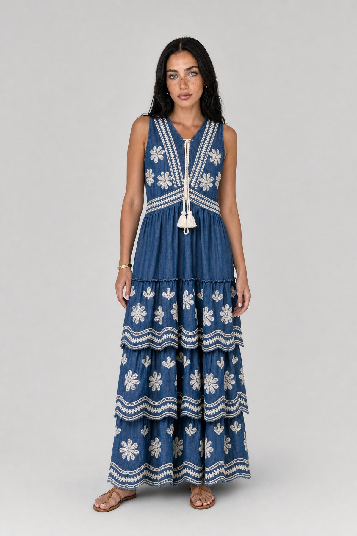 Daisy-Embroidered Chambray Tiered Maxi Dress - 2