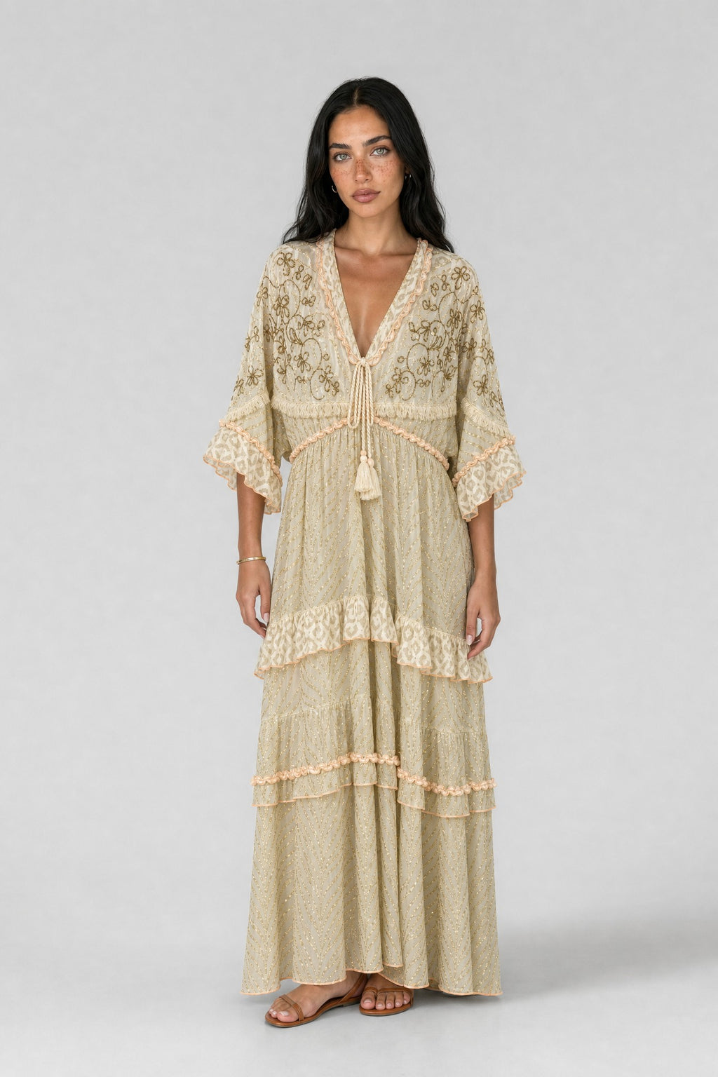 Gold-Stripe Chiffon Ruffle Maxi Dress - 2