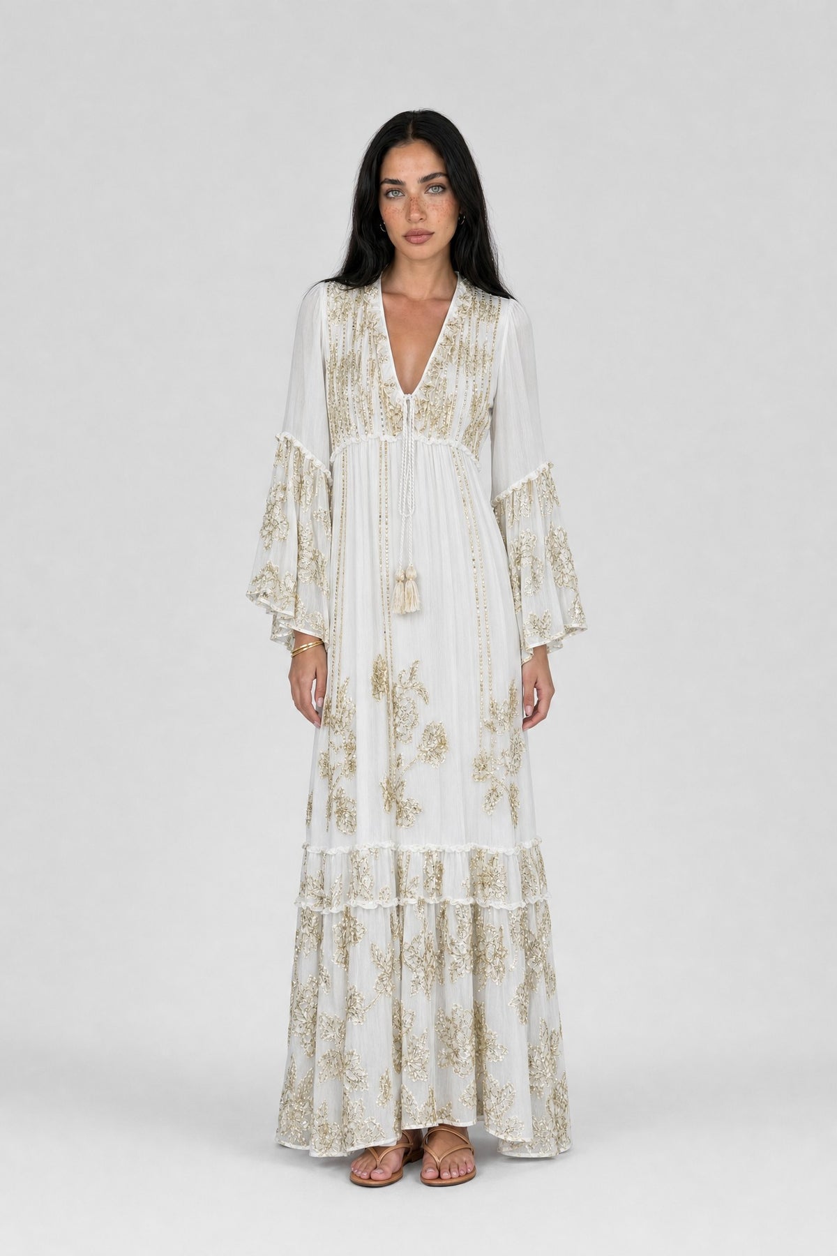 Gold-Sequin Chiffon Tiered Maxi Dress - 2