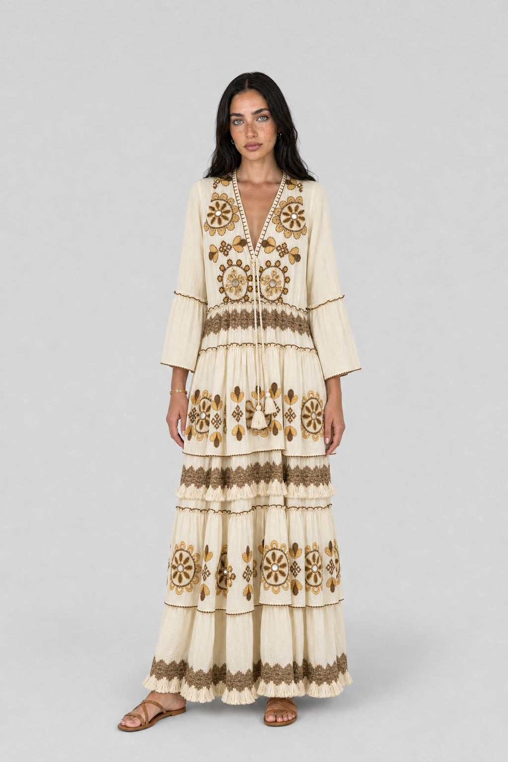 Mirror-Medallion Embroidered Tiered Maxi Dress - 2
