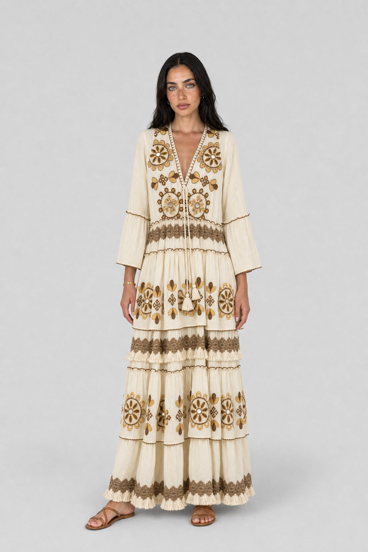 Mirror-Medallion Embroidered Tiered Maxi Dress - 2