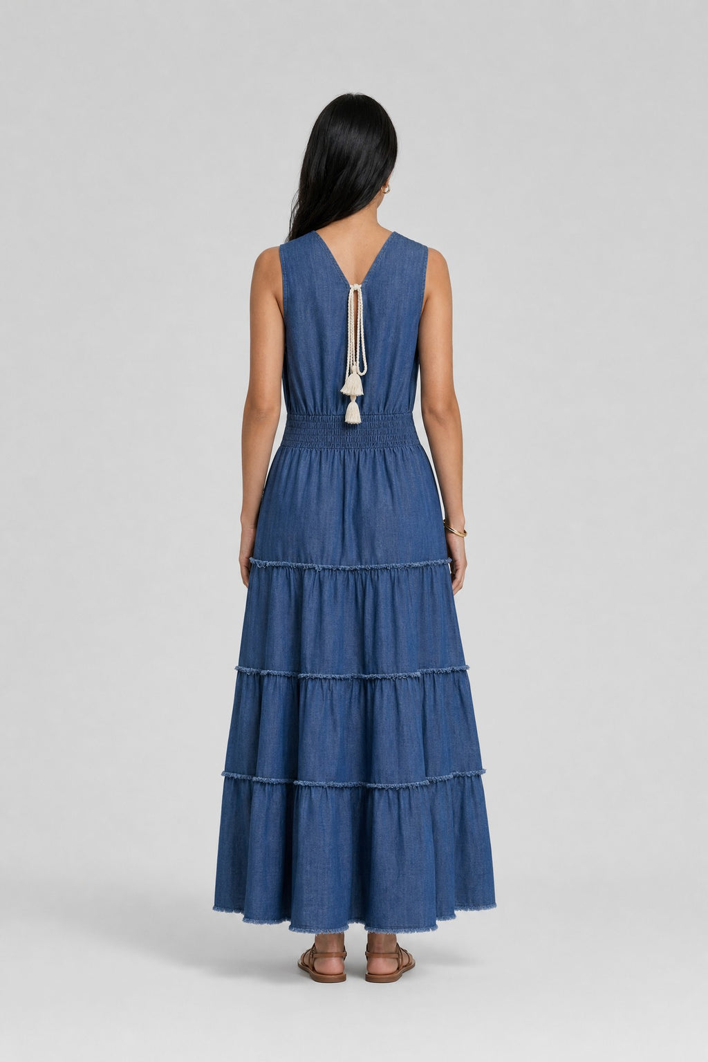 Daisy-Embroidered Chambray Tiered Maxi Dress - 3