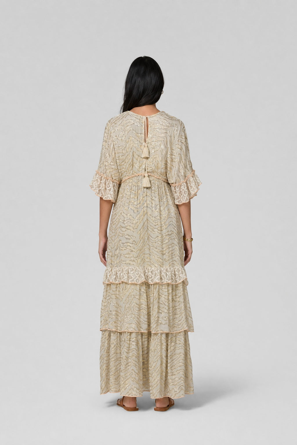 Gold-Stripe Chiffon Ruffle Maxi Dress - 3