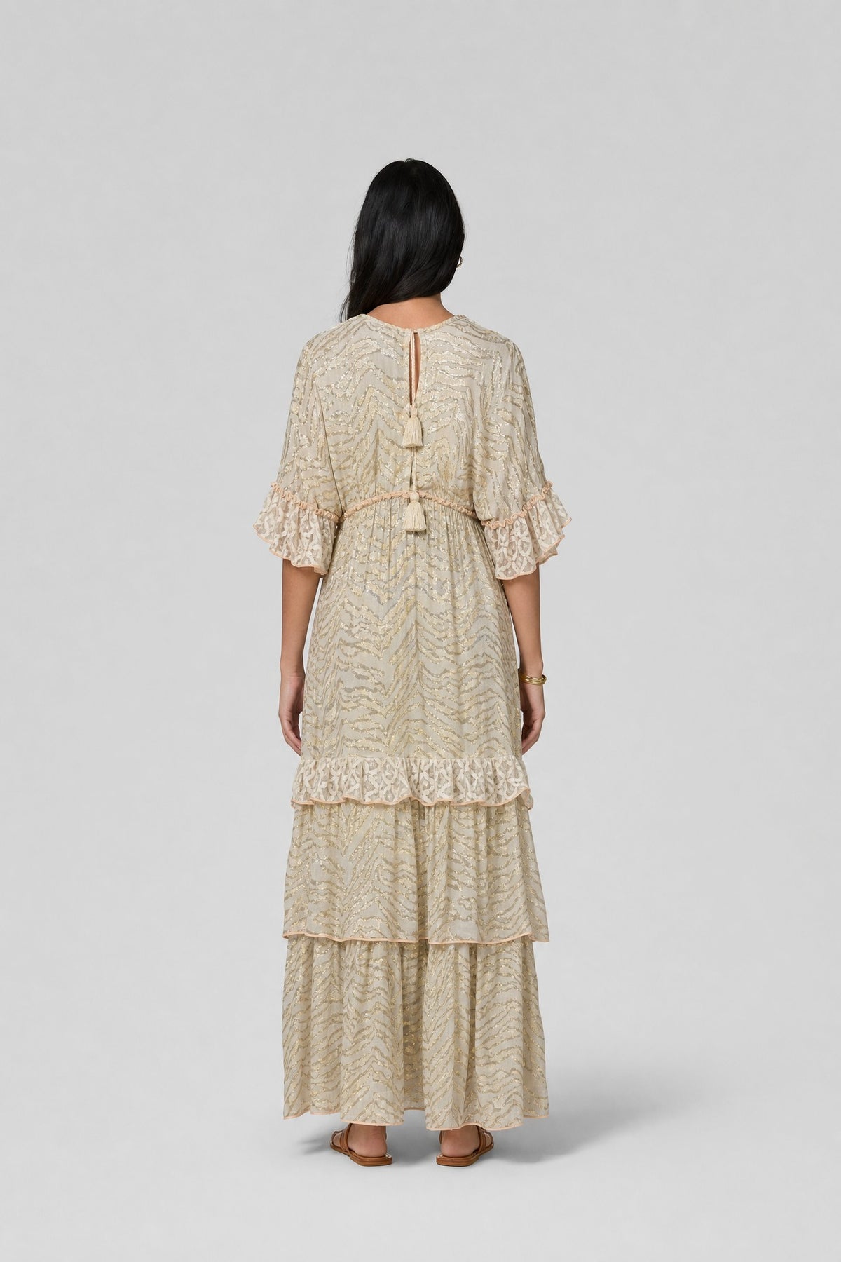 Gold-Stripe Chiffon Ruffle Maxi Dress - 3