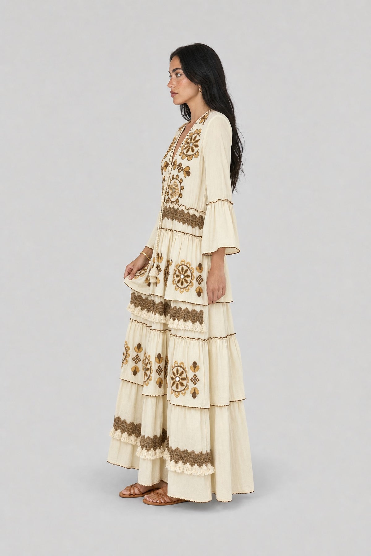 Mirror-Medallion Embroidered Tiered Maxi Dress - 4