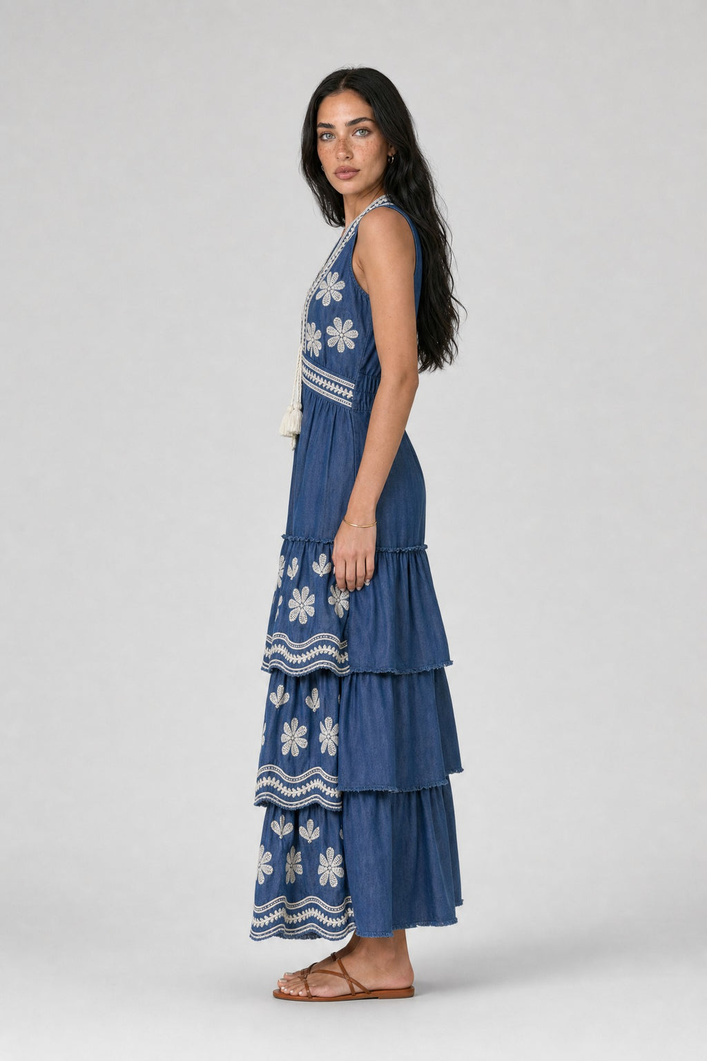 Daisy-Embroidered Chambray Tiered Maxi Dress - 4