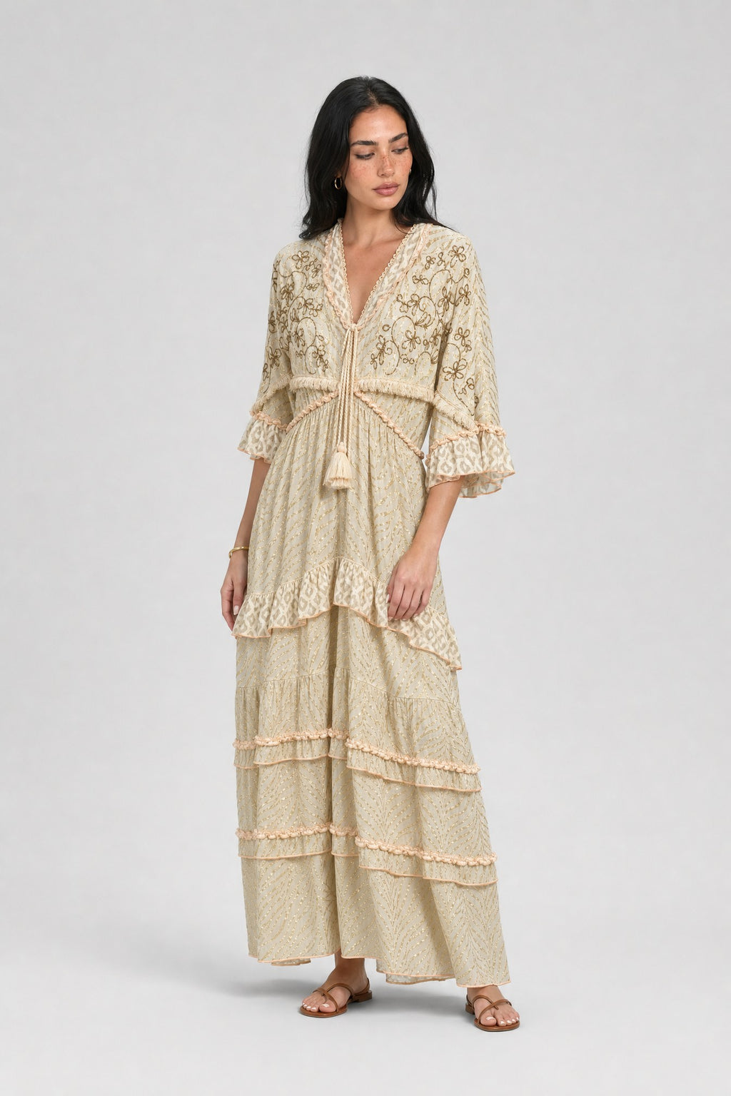 Gold-Stripe Chiffon Ruffle Maxi Dress - 4