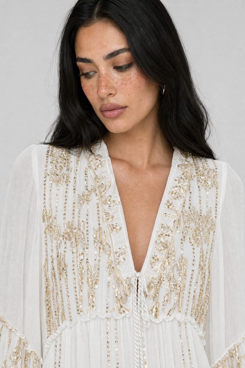 Gold-Sequin Chiffon Tiered Maxi Dress - 5