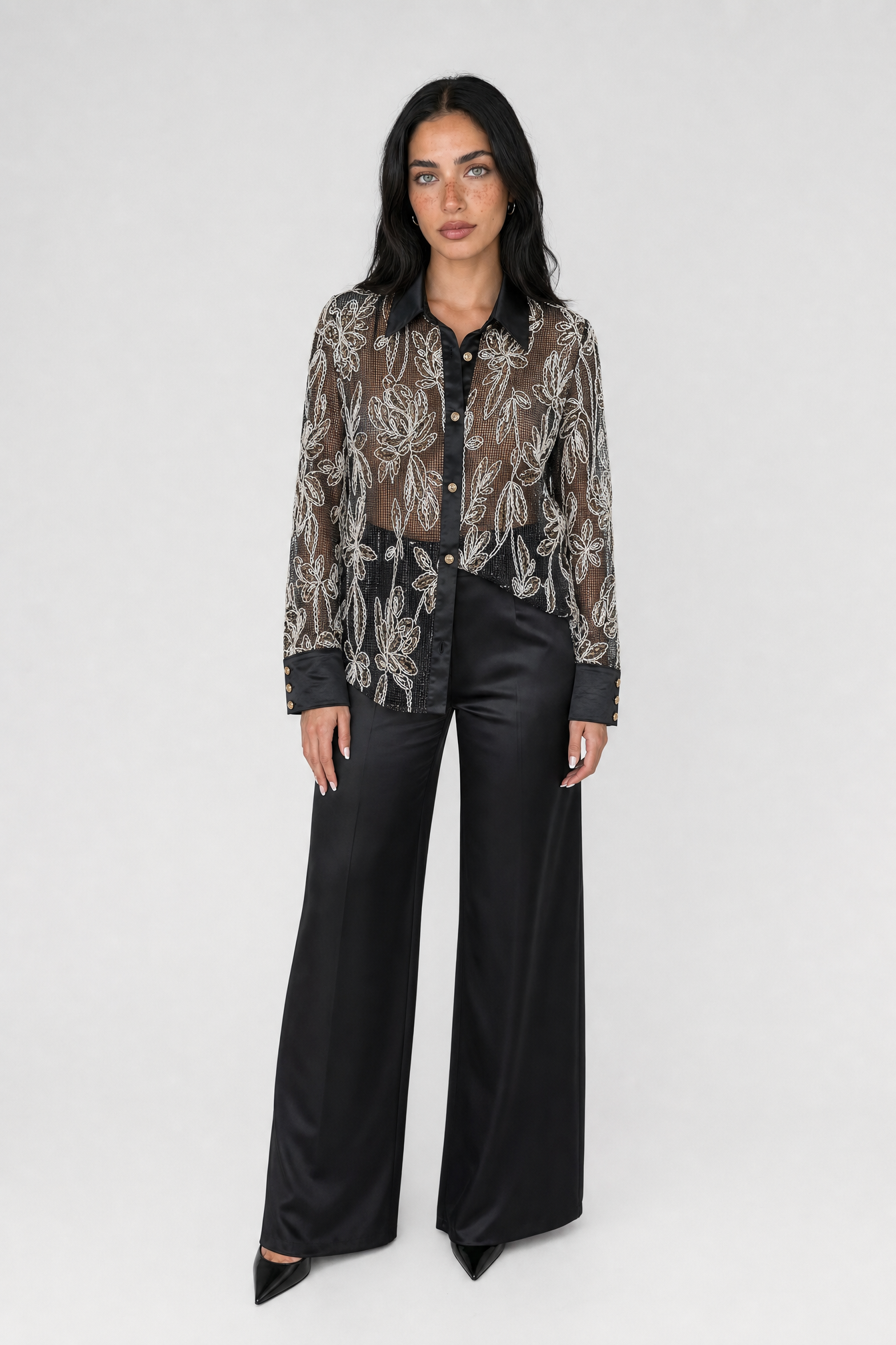 Embroidered Tulle Shirt - Black - 1