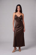 Silk Satin Midi Dress - Brown - 1
