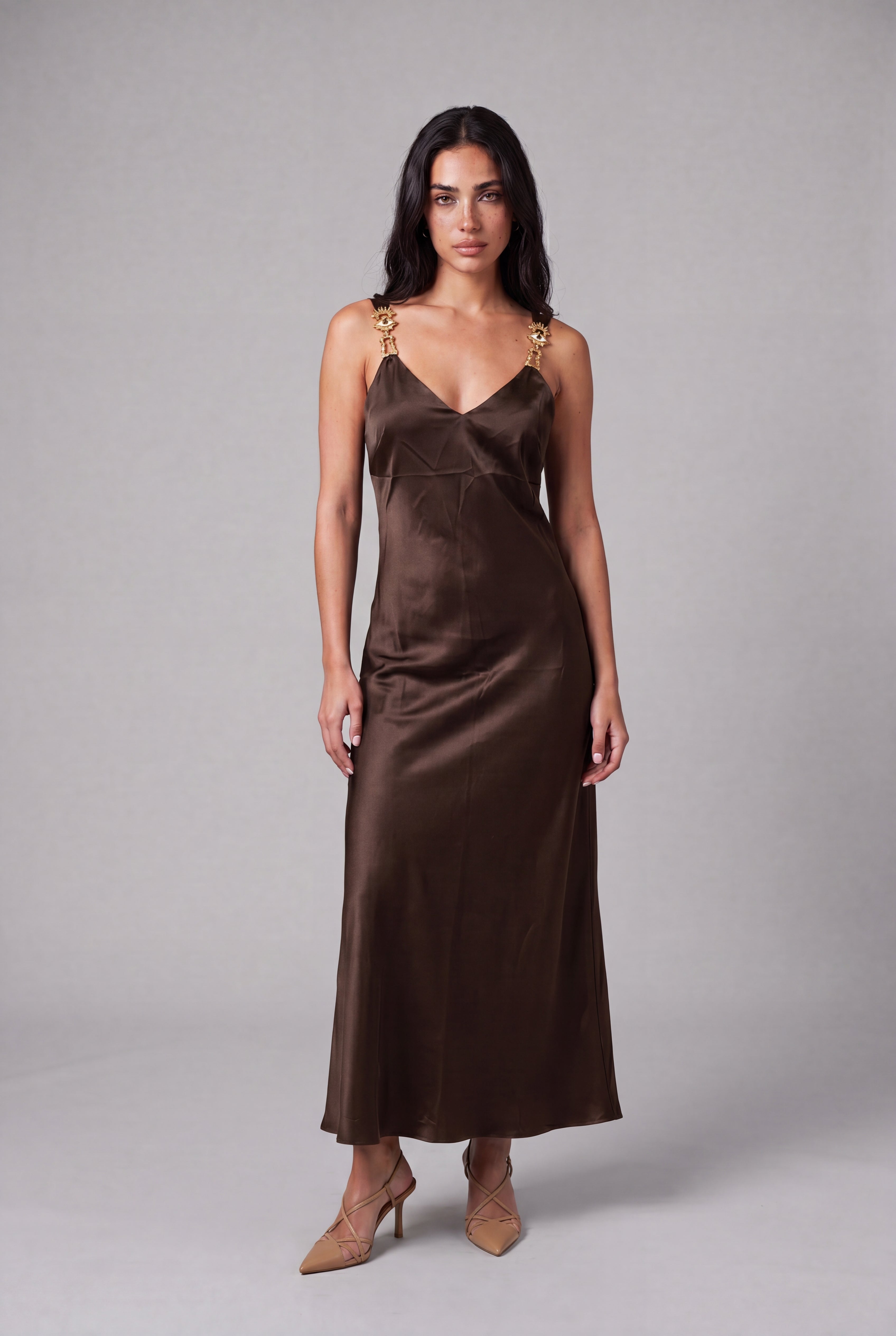 Silk Satin Midi Dress - Brown - 1