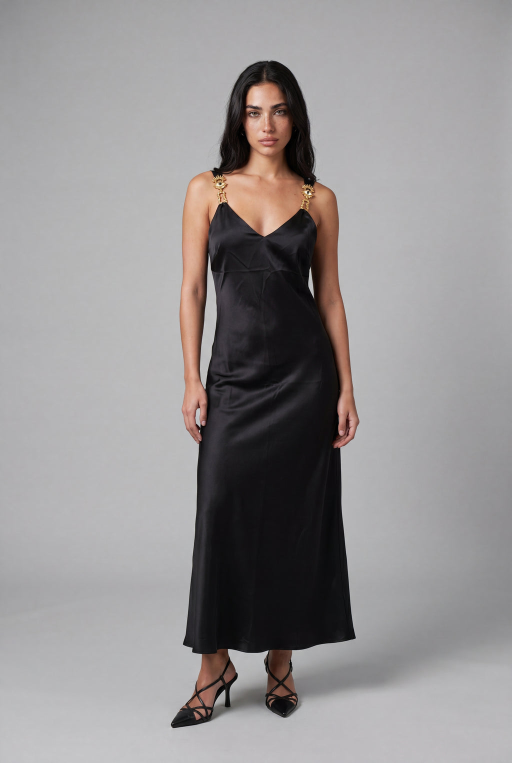 Silk Satin Midi Dress - Black - 1