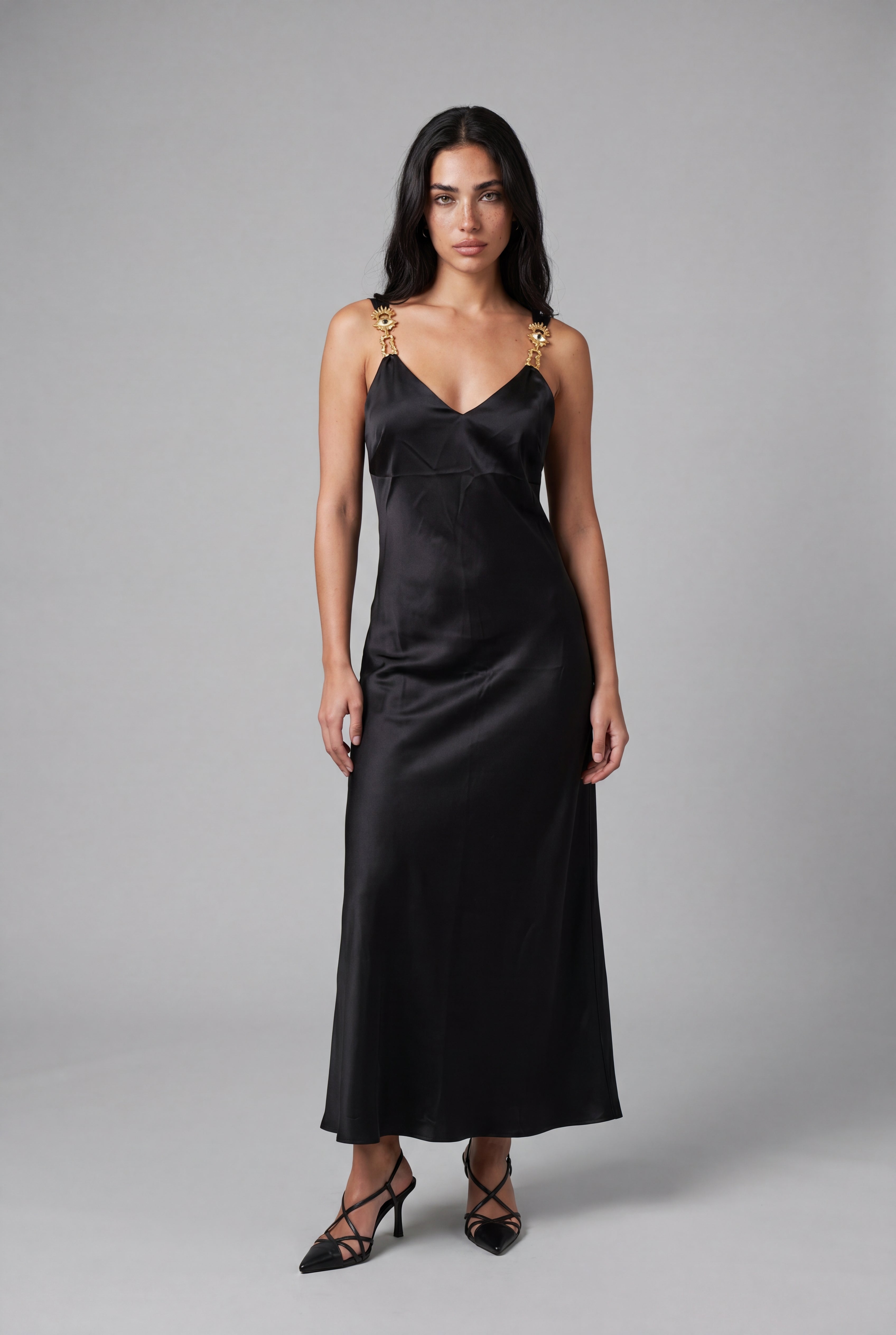 Silk Satin Midi Dress - Black - 1