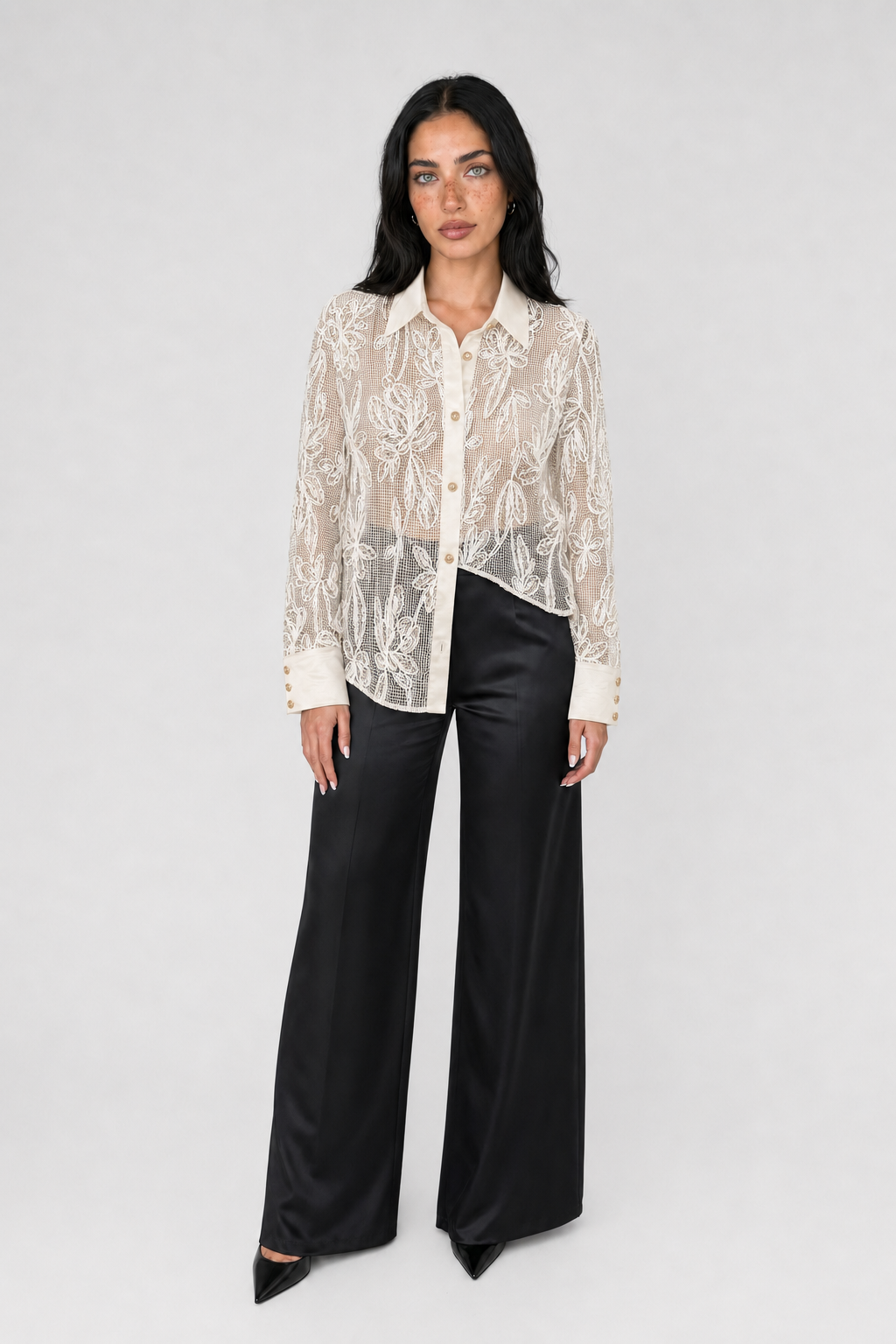 Embroidered Lace Shirt - Begie - 1
