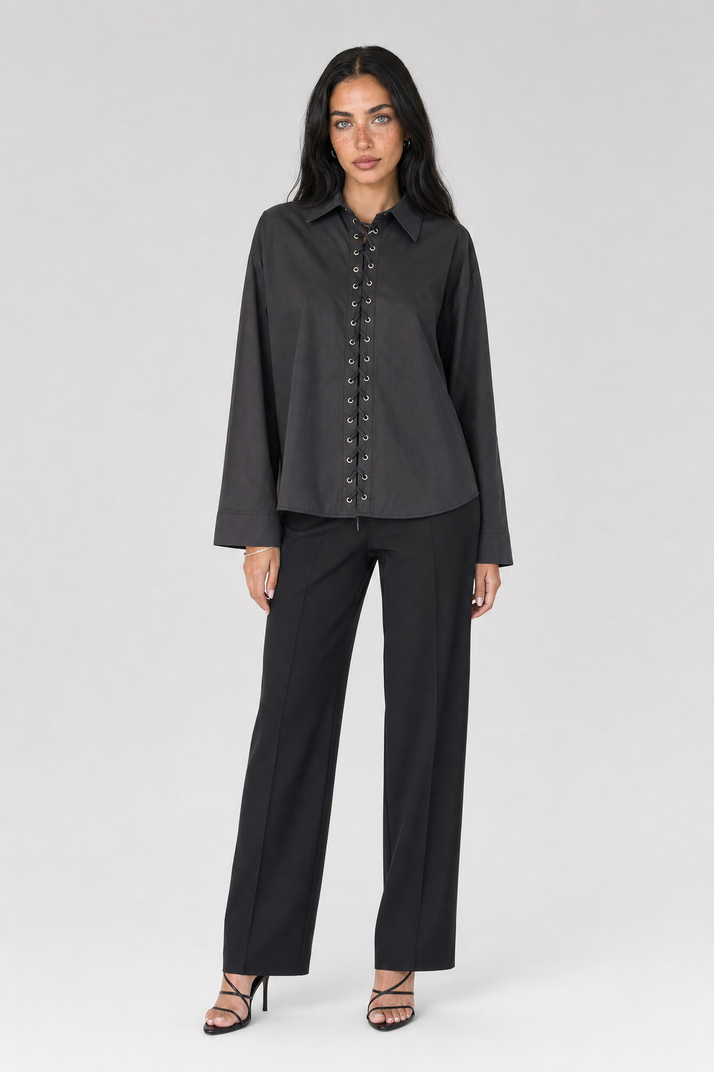 Cotton Lace-Up Shirt - Black - 1
