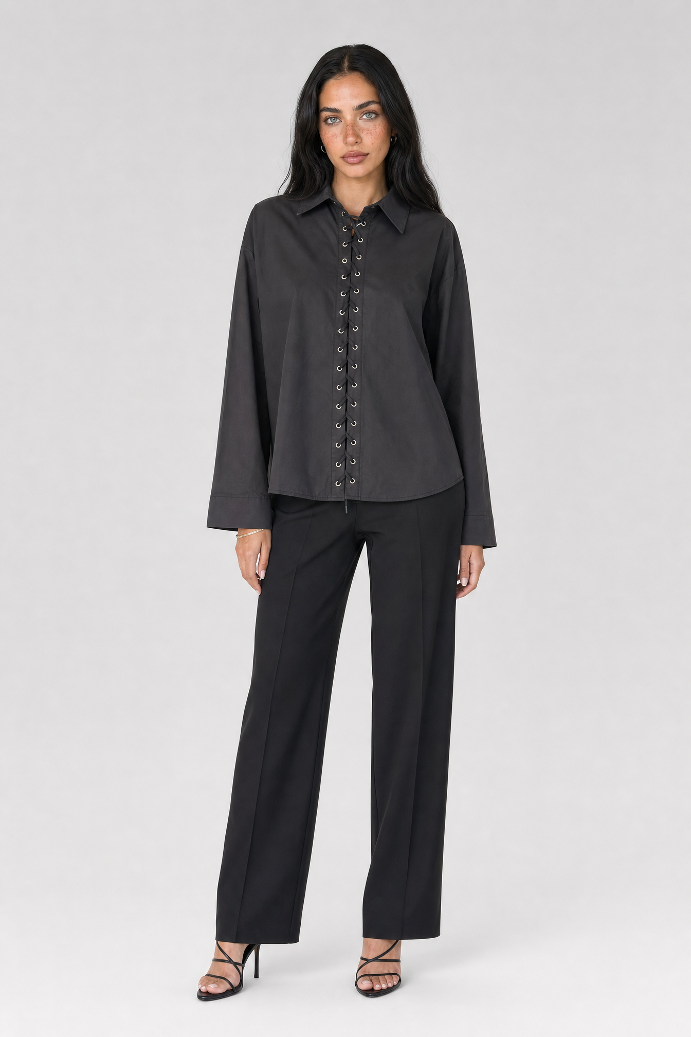 Cotton Lace-Up Shirt - Black - 1