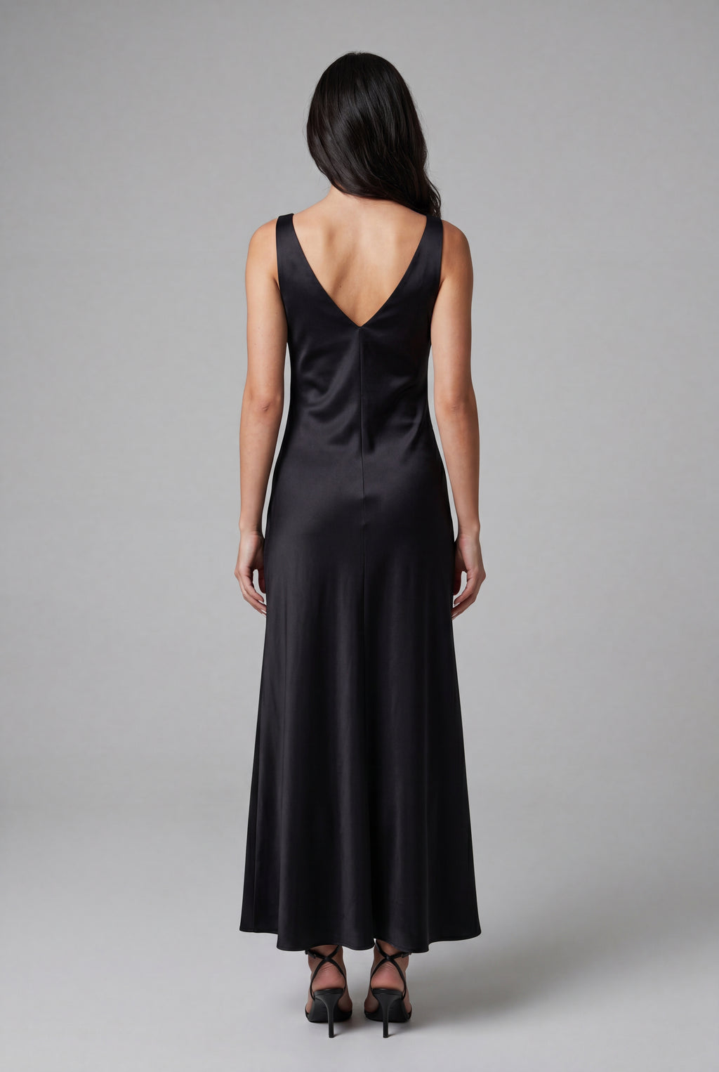 Silk Satin Midi Dress - Black - 4