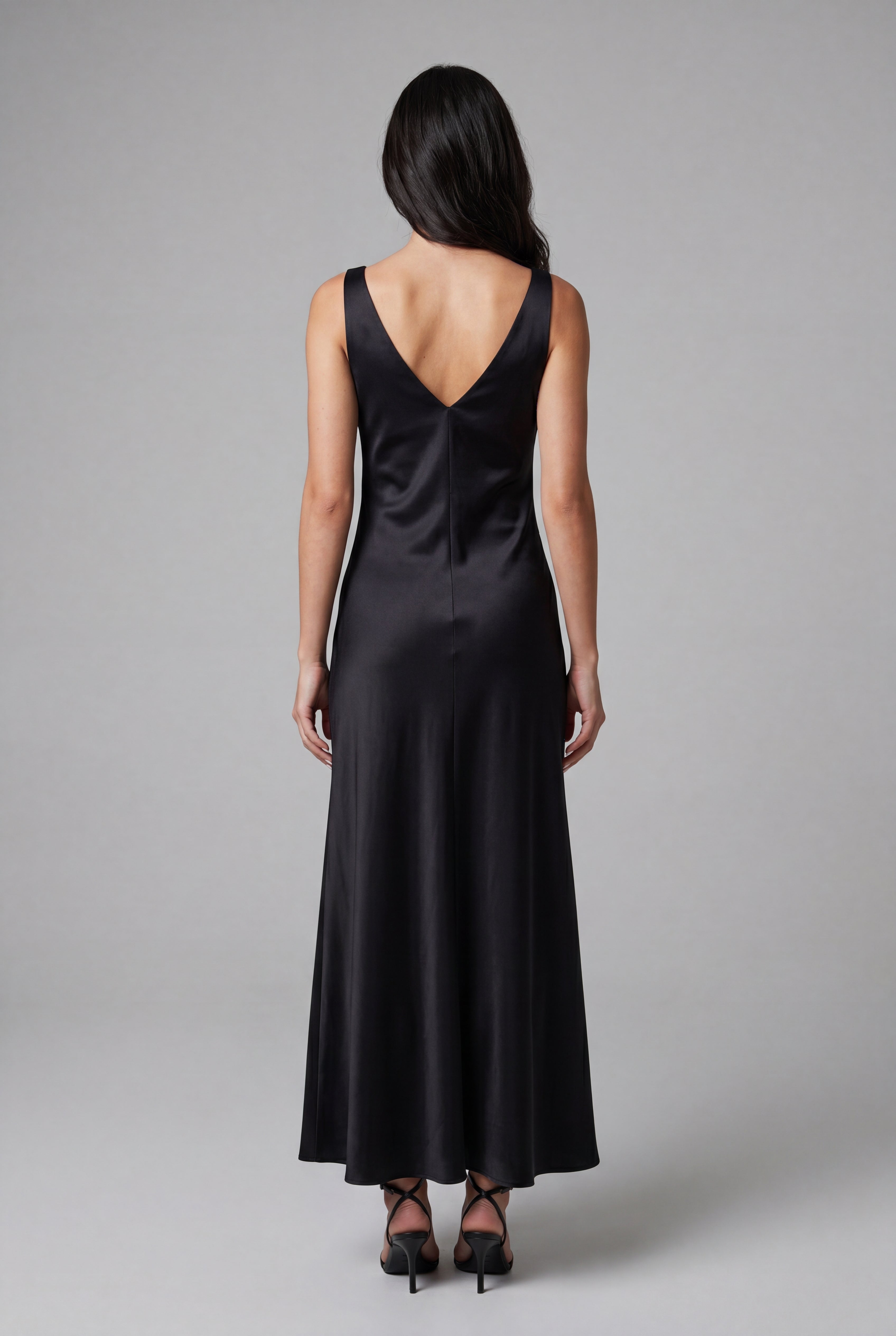Silk Satin Midi Dress - Black - 4
