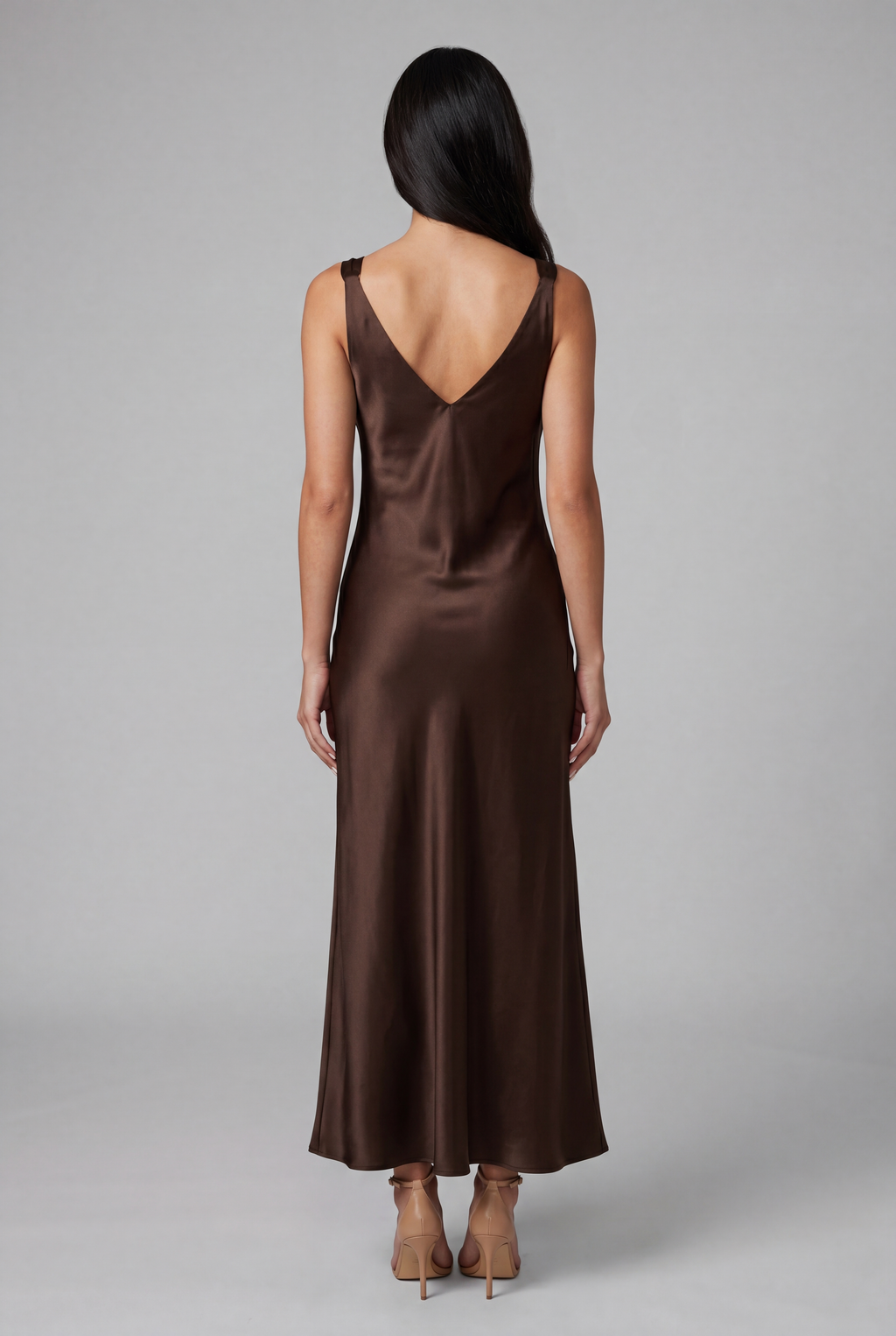 Silk Satin Midi Dress - Brown - 5