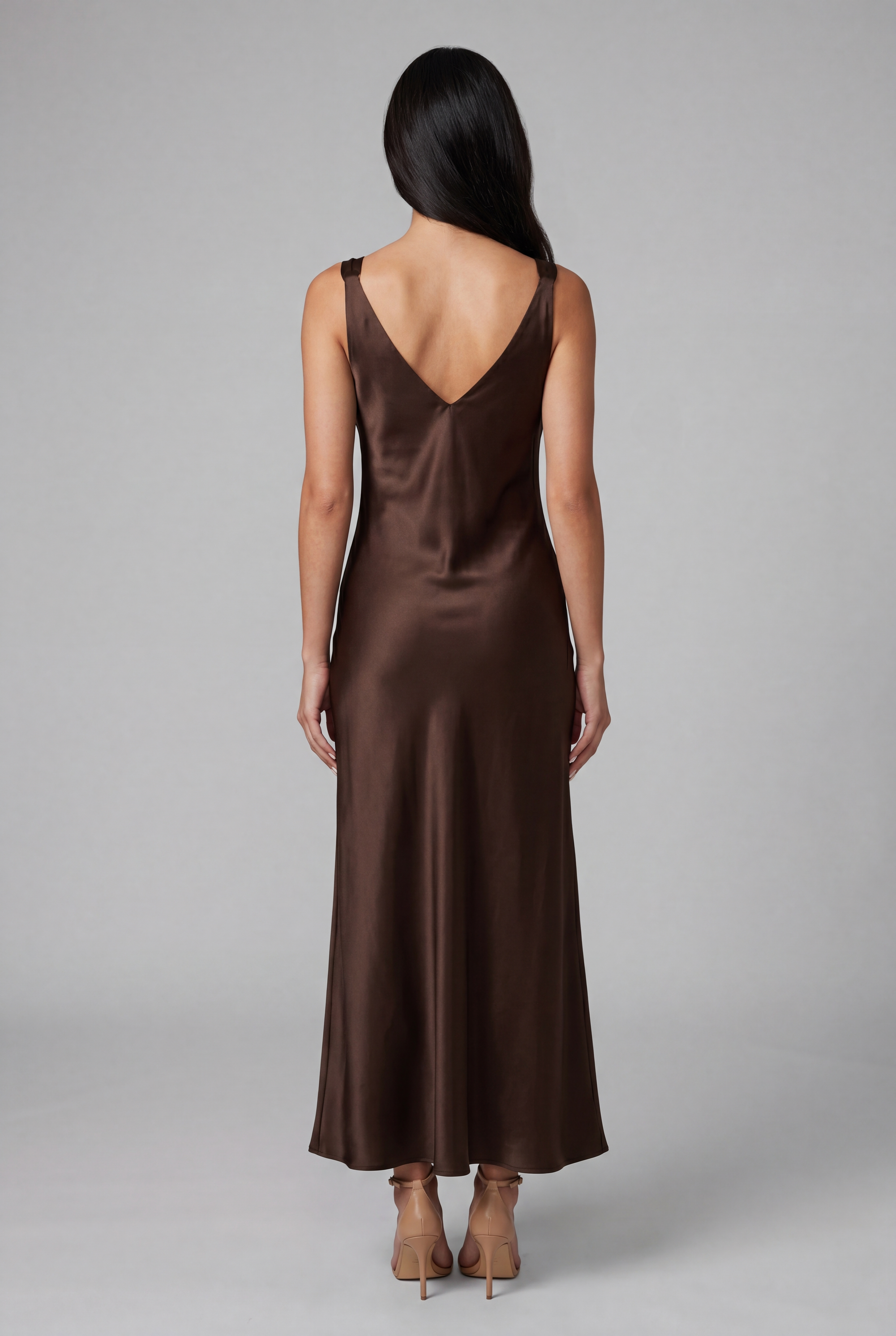 Silk Satin Midi Dress - Brown - 5