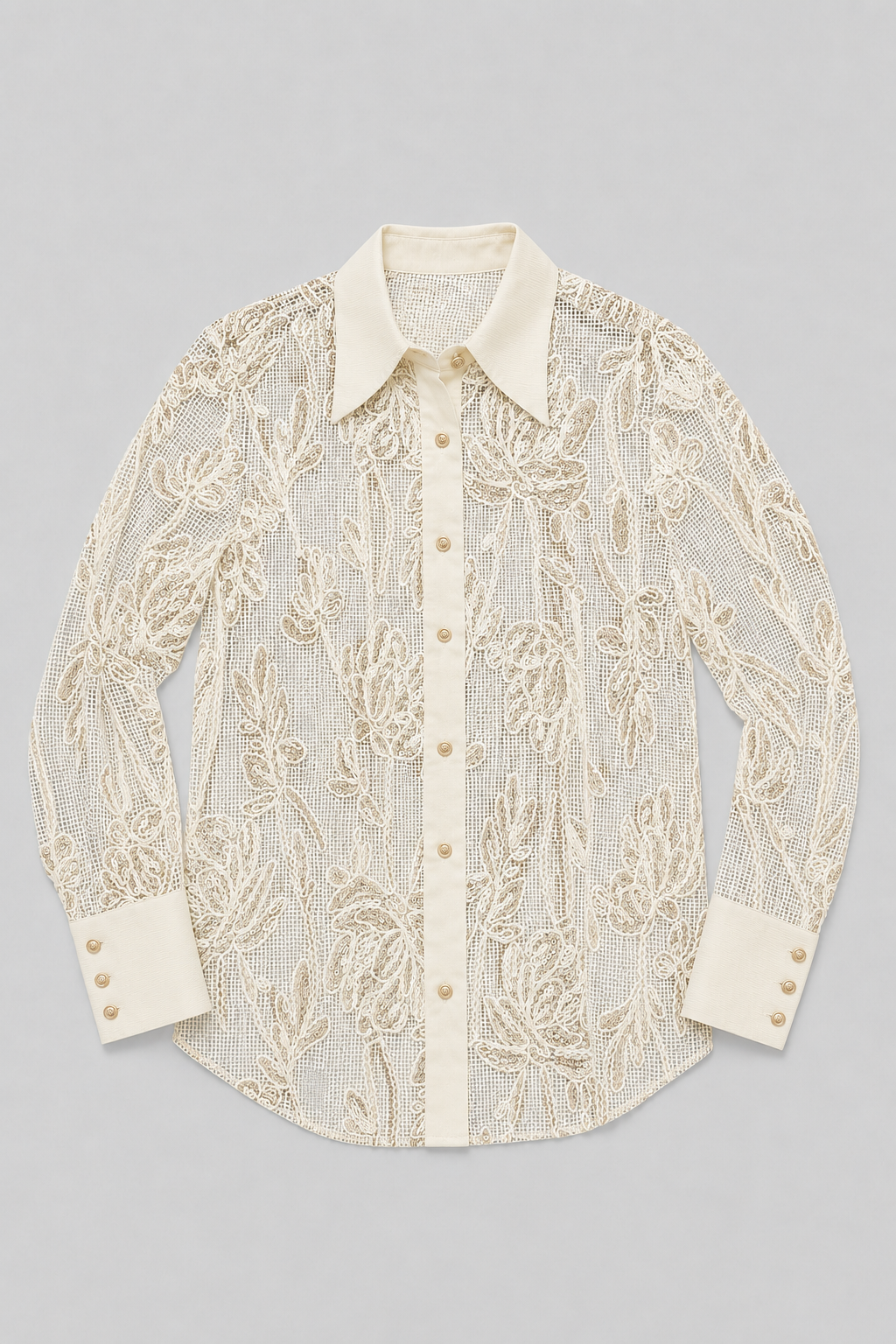 Embroidered Lace Shirt - Begie - 4