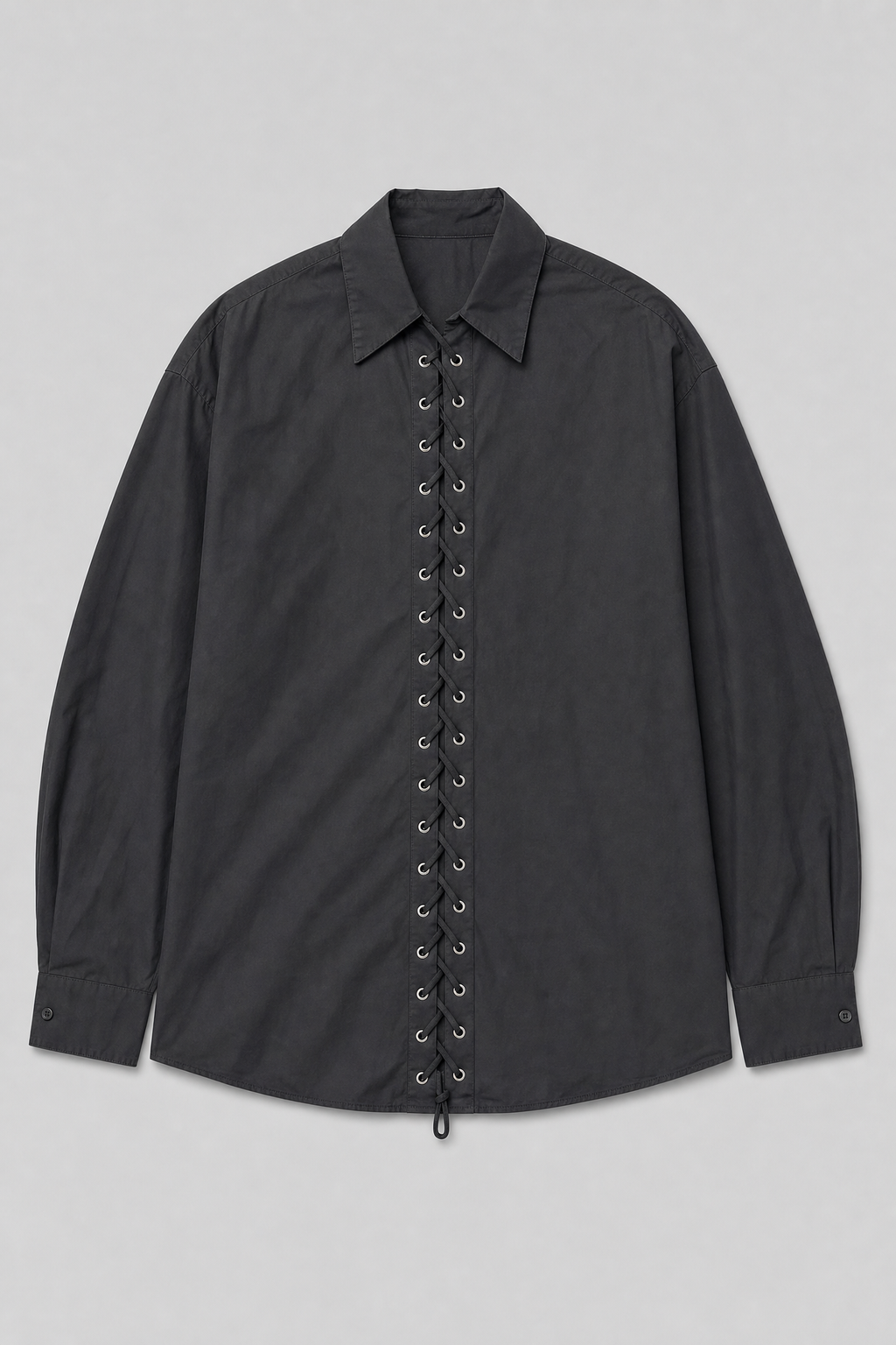 Cotton Lace-Up Shirt - Black - 3