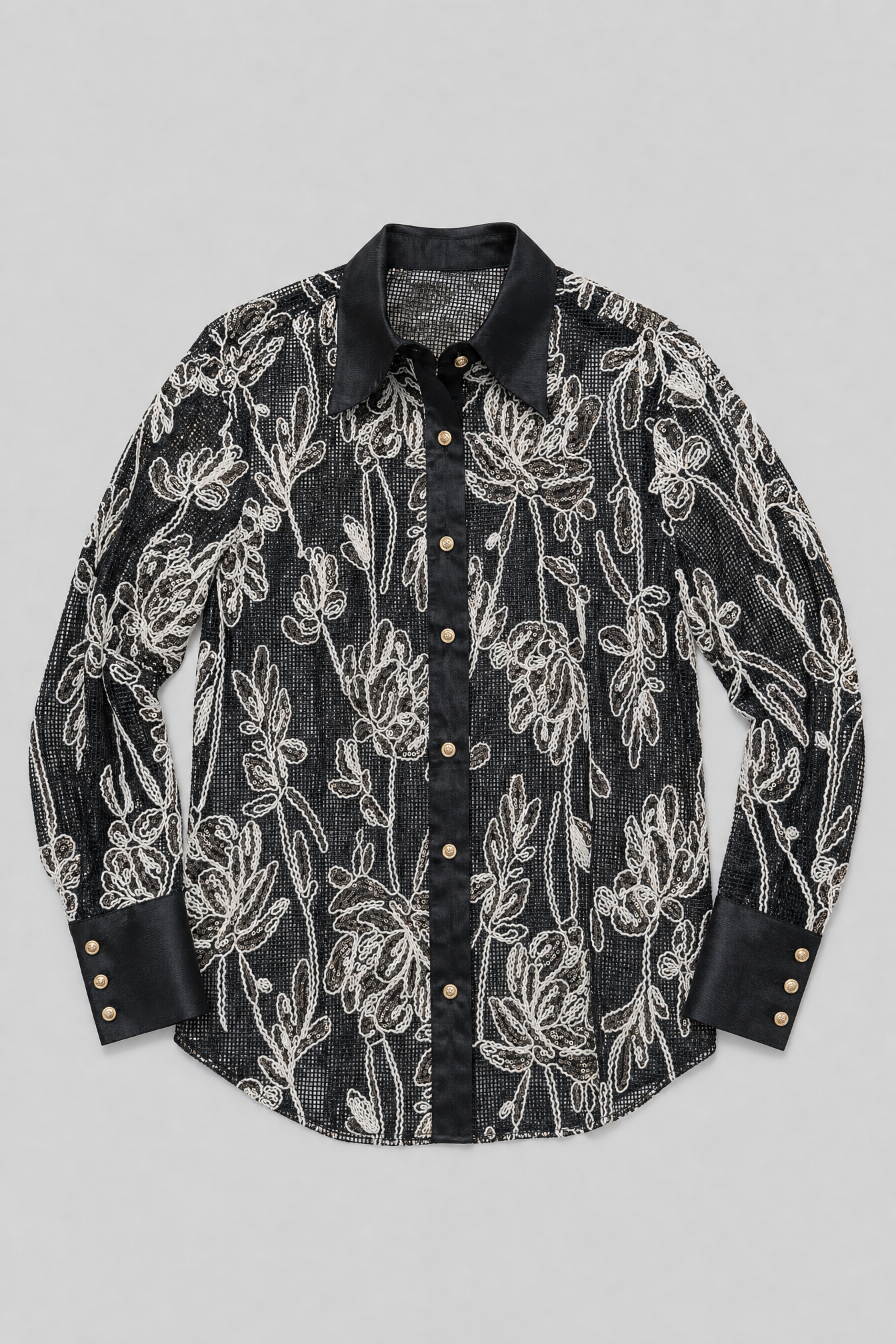 Embroidered Lace Shirt - Black - 4