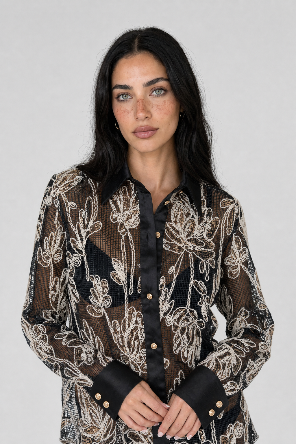 Embroidered Lace Shirt - Black - 2