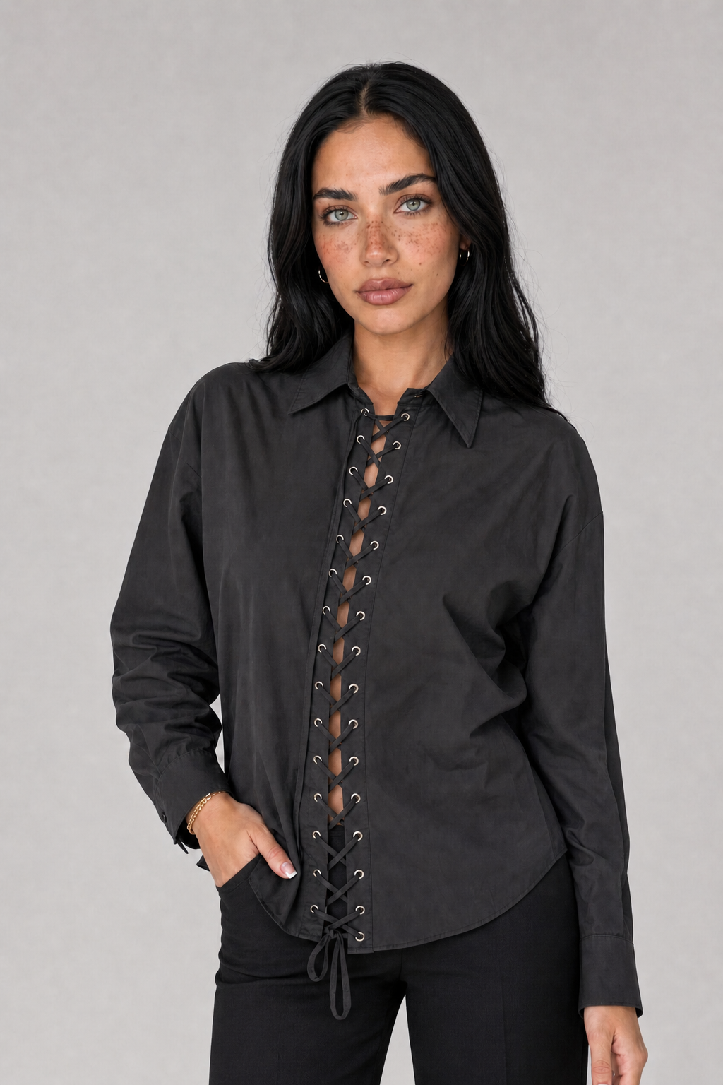 Cotton Lace-Up Shirt - Black - 5