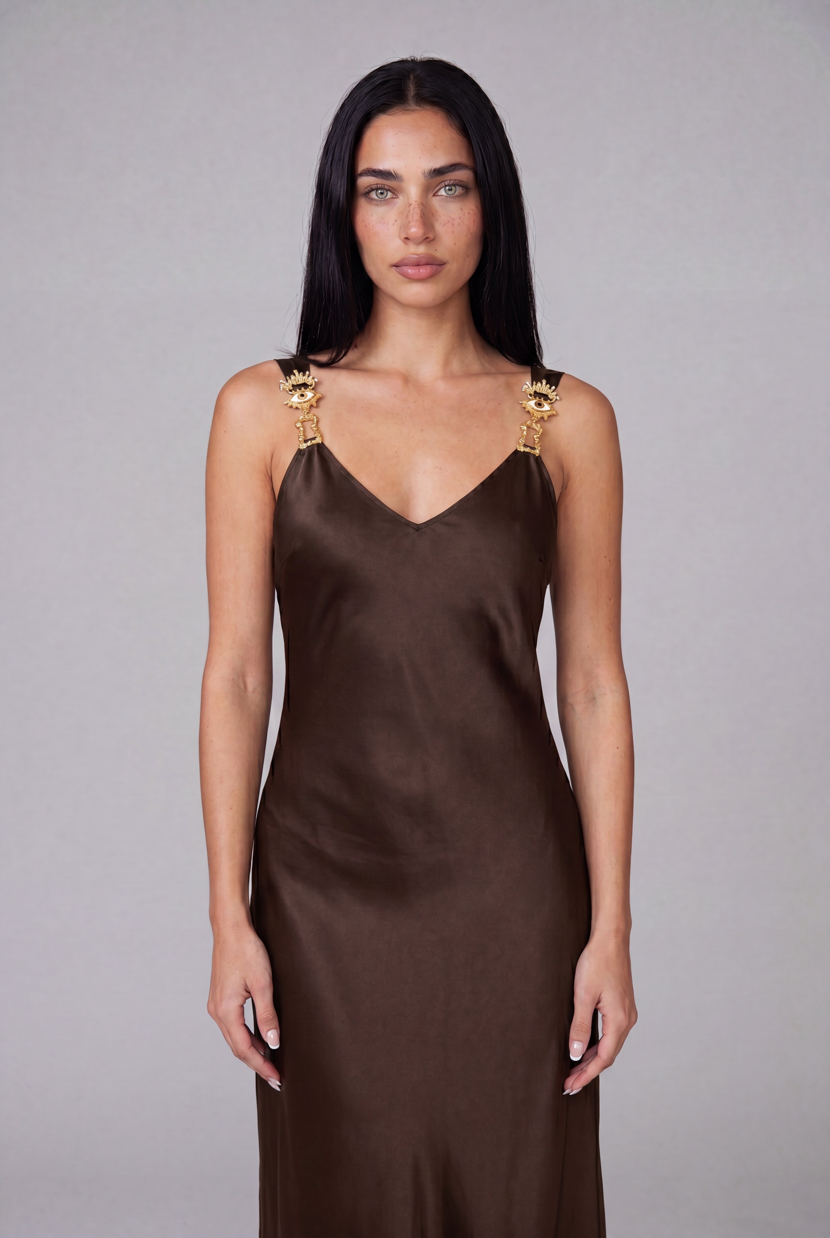Silk Satin Midi Dress - Brown - 2
