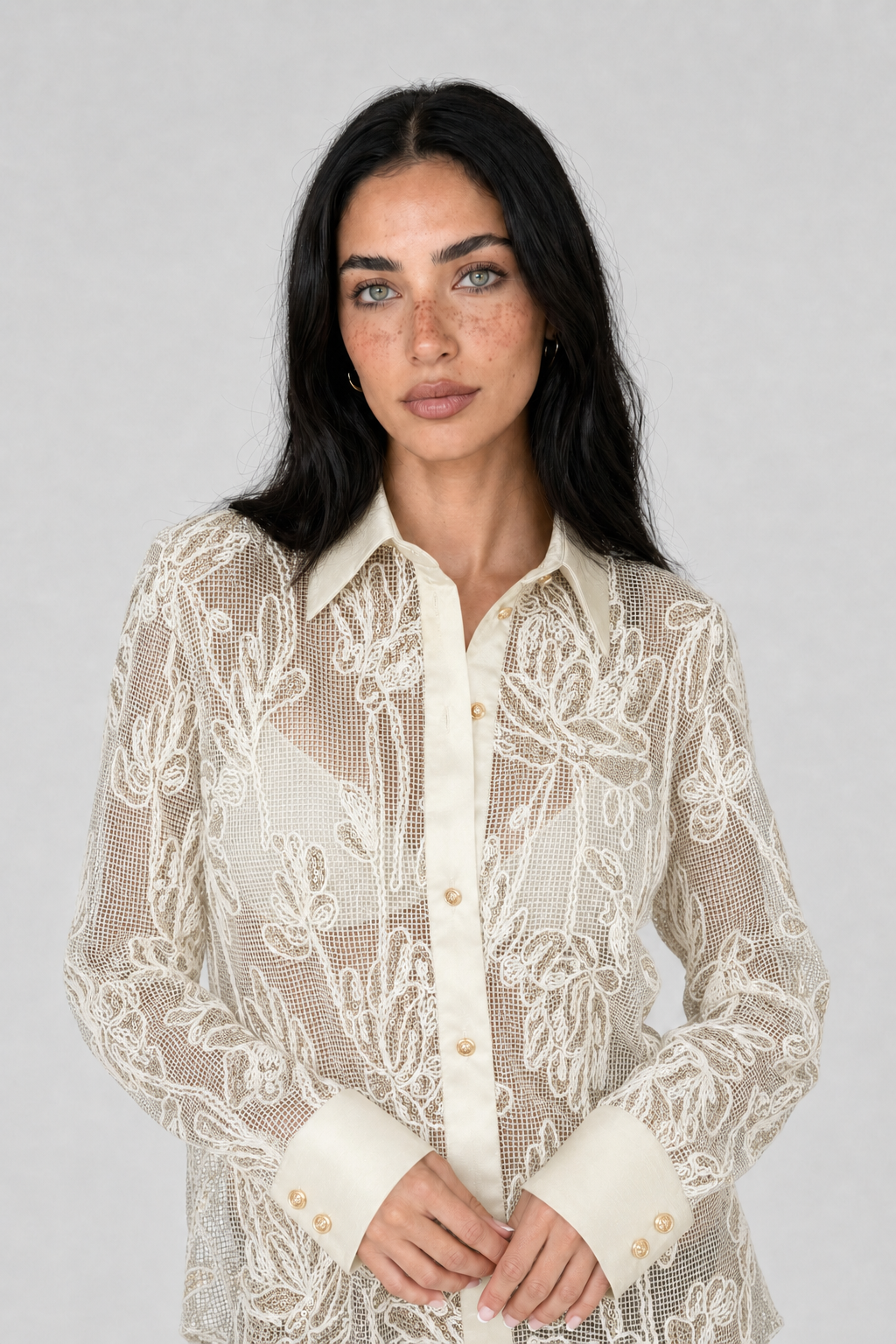 Embroidered Lace Shirt - Begie - 2