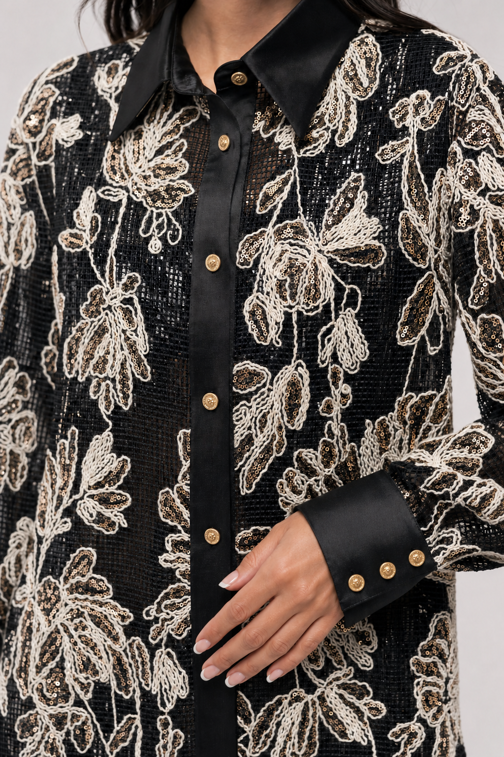 Embroidered Lace Shirt - Black - 3