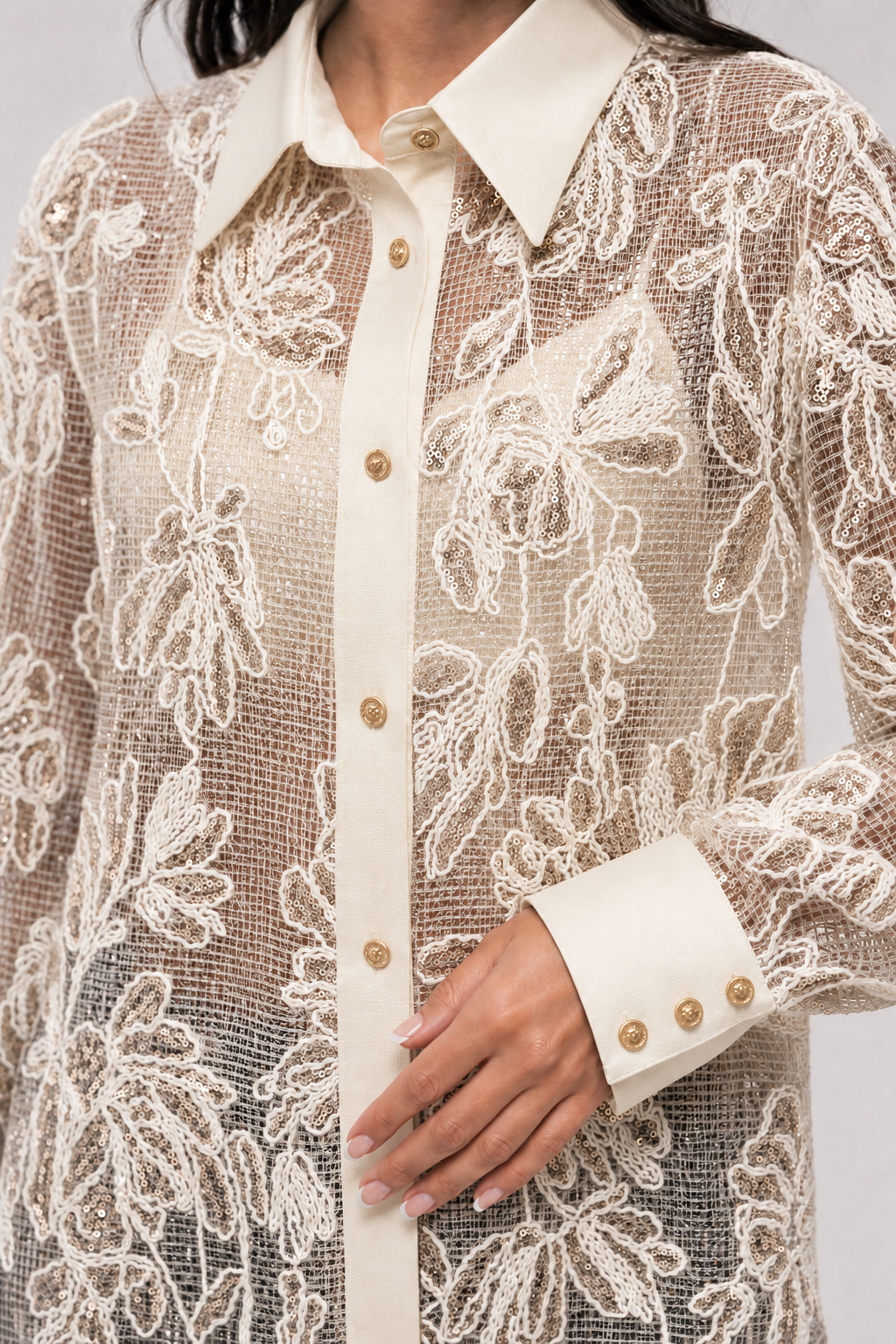 Embroidered Lace Shirt - Begie - 3