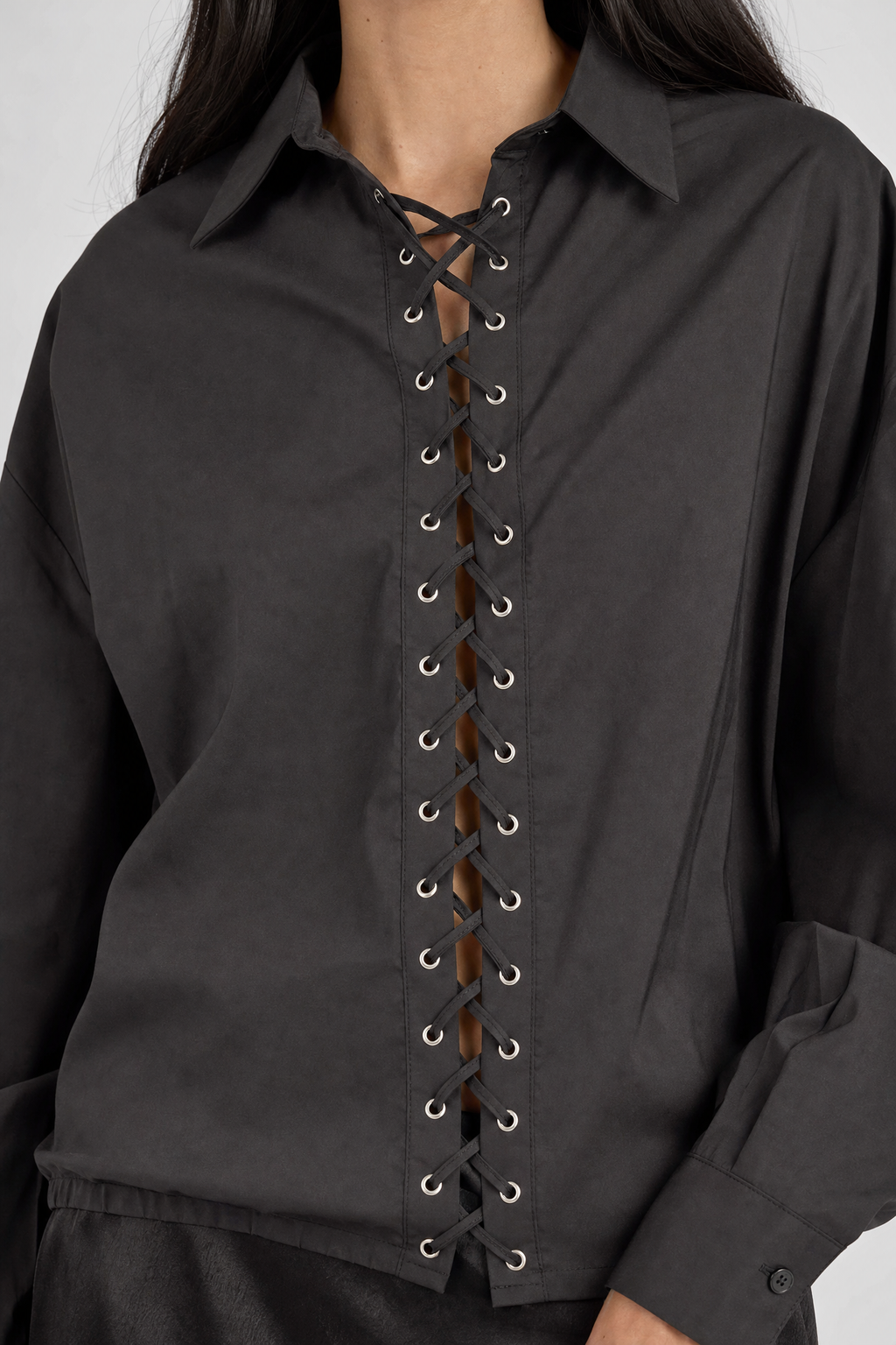 Cotton Lace-Up Shirt - Black - 2